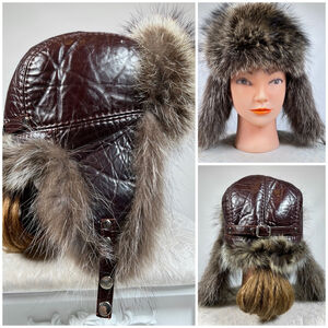 Unisex Fur Leather Russian Style Hat Trapper Hat One Size Brown Gray